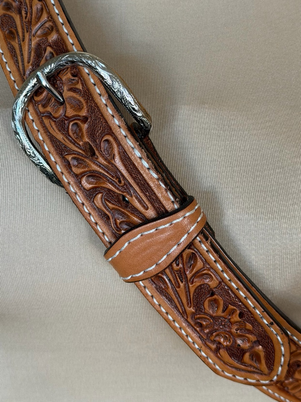 Tooled Double J Saddlery Leather Men's Belt in Tan Brown with Silver-Tone Buckle